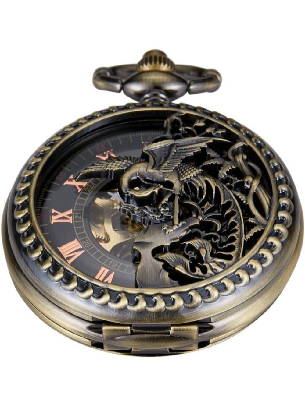 Men's Gold Bronze Skeleton Roman Numerals Hollow Mechanical Round Pocket Watch